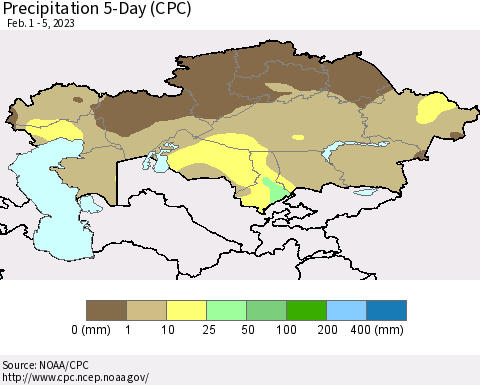 Kazakhstan Precipitation 5-Day (CPC) Thematic Map For 2/1/2023 - 2/5/2023