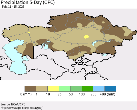 Kazakhstan Precipitation 5-Day (CPC) Thematic Map For 2/11/2023 - 2/15/2023