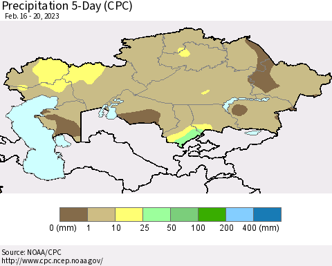 Kazakhstan Precipitation 5-Day (CPC) Thematic Map For 2/16/2023 - 2/20/2023