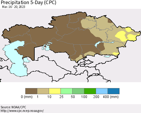 Kazakhstan Precipitation 5-Day (CPC) Thematic Map For 3/16/2023 - 3/20/2023