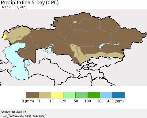 Kazakhstan Precipitation 5-Day (CPC) Thematic Map For 3/26/2023 - 3/31/2023