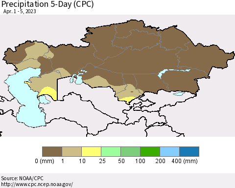 Kazakhstan Precipitation 5-Day (CPC) Thematic Map For 4/1/2023 - 4/5/2023