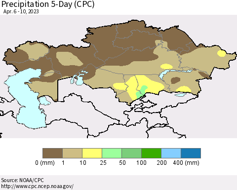 Kazakhstan Precipitation 5-Day (CPC) Thematic Map For 4/6/2023 - 4/10/2023