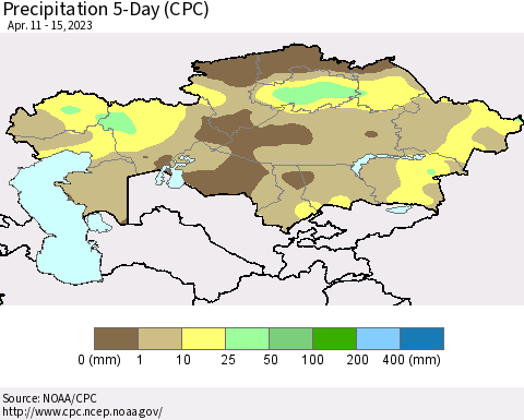Kazakhstan Precipitation 5-Day (CPC) Thematic Map For 4/11/2023 - 4/15/2023
