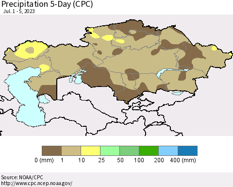 Kazakhstan Precipitation 5-Day (CPC) Thematic Map For 7/1/2023 - 7/5/2023