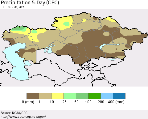 Kazakhstan Precipitation 5-Day (CPC) Thematic Map For 7/16/2023 - 7/20/2023
