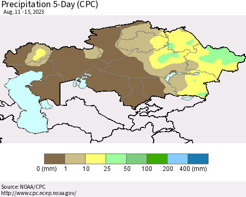 Kazakhstan Precipitation 5-Day (CPC) Thematic Map For 8/11/2023 - 8/15/2023
