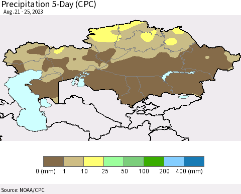 Kazakhstan Precipitation 5-Day (CPC) Thematic Map For 8/21/2023 - 8/25/2023