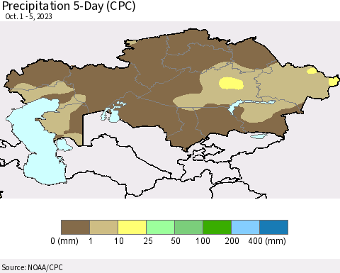 Kazakhstan Precipitation 5-Day (CPC) Thematic Map For 10/1/2023 - 10/5/2023