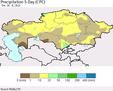 Kazakhstan Precipitation 5-Day (CPC) Thematic Map For 12/26/2023 - 12/31/2023