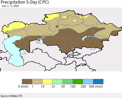 Kazakhstan Precipitation 5-Day (CPC) Thematic Map For 1/1/2024 - 1/5/2024
