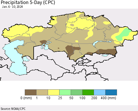 Kazakhstan Precipitation 5-Day (CPC) Thematic Map For 1/6/2024 - 1/10/2024