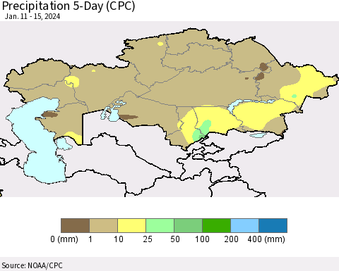 Kazakhstan Precipitation 5-Day (CPC) Thematic Map For 1/11/2024 - 1/15/2024
