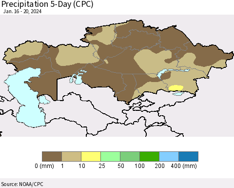 Kazakhstan Precipitation 5-Day (CPC) Thematic Map For 1/16/2024 - 1/20/2024