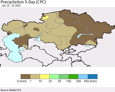 Kazakhstan Precipitation 5-Day (CPC) Thematic Map For 1/21/2024 - 1/25/2024