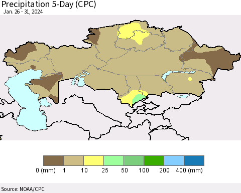 Kazakhstan Precipitation 5-Day (CPC) Thematic Map For 1/26/2024 - 1/31/2024