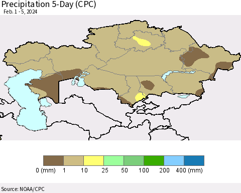 Kazakhstan Precipitation 5-Day (CPC) Thematic Map For 2/1/2024 - 2/5/2024