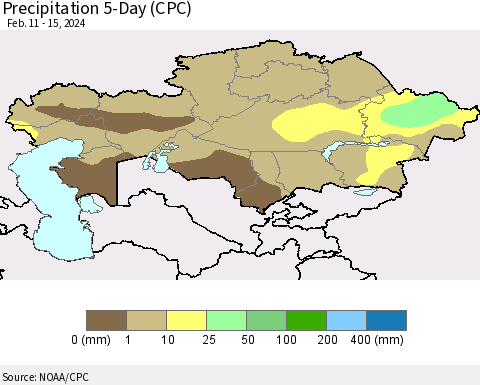 Kazakhstan Precipitation 5-Day (CPC) Thematic Map For 2/11/2024 - 2/15/2024