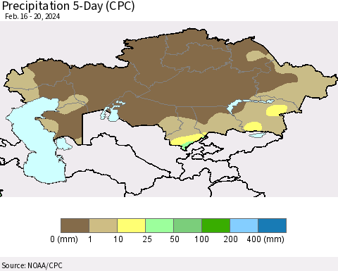Kazakhstan Precipitation 5-Day (CPC) Thematic Map For 2/16/2024 - 2/20/2024