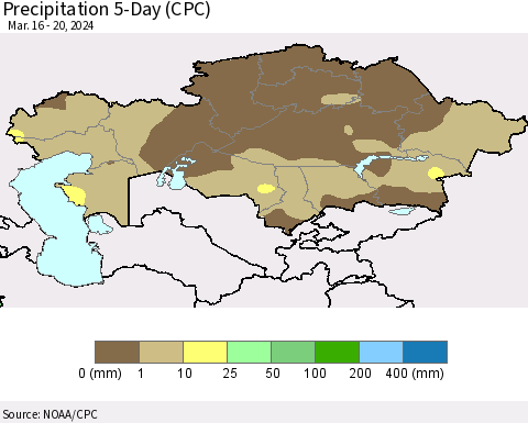 Kazakhstan Precipitation 5-Day (CPC) Thematic Map For 3/16/2024 - 3/20/2024