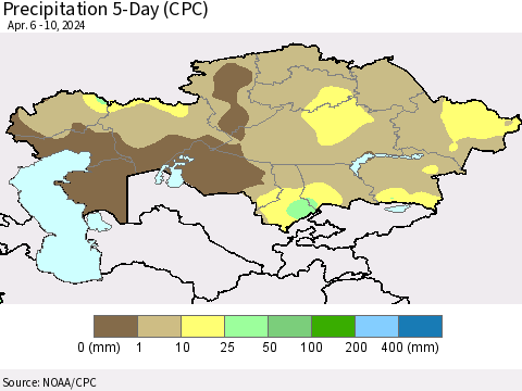 Kazakhstan Precipitation 5-Day (CPC) Thematic Map For 4/6/2024 - 4/10/2024