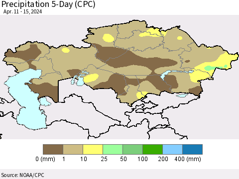 Kazakhstan Precipitation 5-Day (CPC) Thematic Map For 4/11/2024 - 4/15/2024