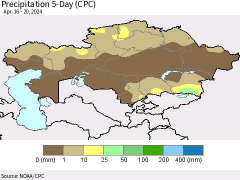 Kazakhstan Precipitation 5-Day (CPC) Thematic Map For 4/16/2024 - 4/20/2024