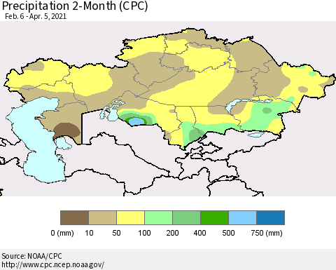 Kazakhstan Precipitation 2-Month (CPC) Thematic Map For 2/6/2021 - 4/5/2021