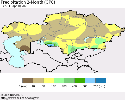 Kazakhstan Precipitation 2-Month (CPC) Thematic Map For 2/11/2021 - 4/10/2021