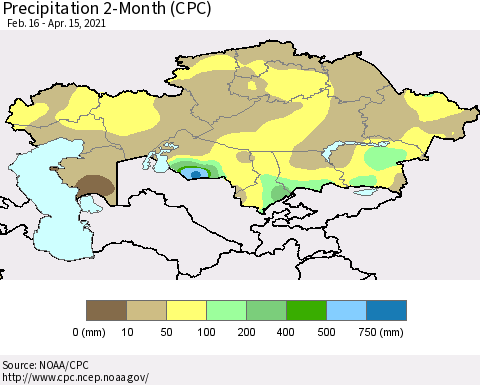 Kazakhstan Precipitation 2-Month (CPC) Thematic Map For 2/16/2021 - 4/15/2021