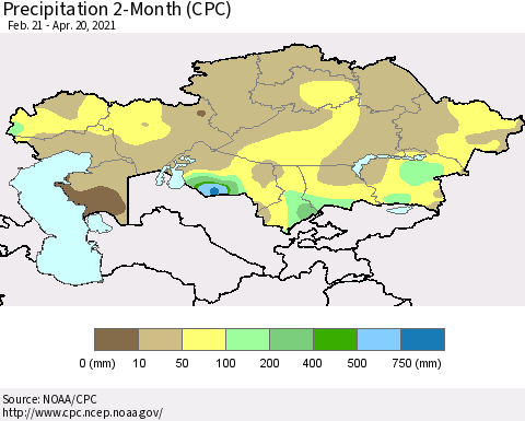 Kazakhstan Precipitation 2-Month (CPC) Thematic Map For 2/21/2021 - 4/20/2021