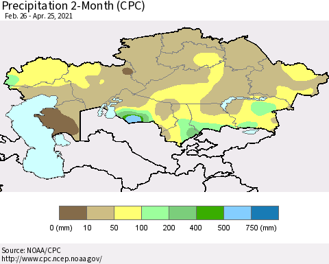 Kazakhstan Precipitation 2-Month (CPC) Thematic Map For 2/26/2021 - 4/25/2021