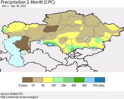 Kazakhstan Precipitation 2-Month (CPC) Thematic Map For 3/1/2021 - 4/30/2021