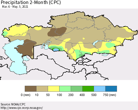 Kazakhstan Precipitation 2-Month (CPC) Thematic Map For 3/6/2021 - 5/5/2021