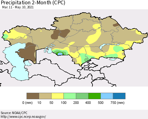 Kazakhstan Precipitation 2-Month (CPC) Thematic Map For 3/11/2021 - 5/10/2021