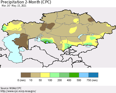 Kazakhstan Precipitation 2-Month (CPC) Thematic Map For 3/16/2021 - 5/15/2021