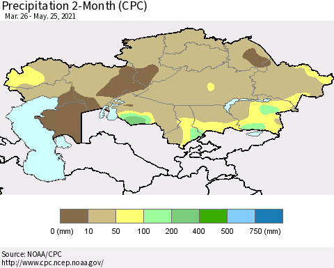 Kazakhstan Precipitation 2-Month (CPC) Thematic Map For 3/26/2021 - 5/25/2021