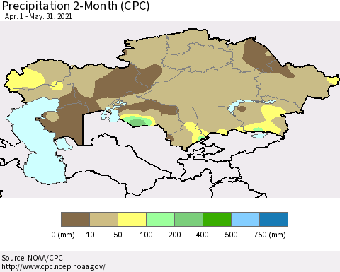 Kazakhstan Precipitation 2-Month (CPC) Thematic Map For 4/1/2021 - 5/31/2021