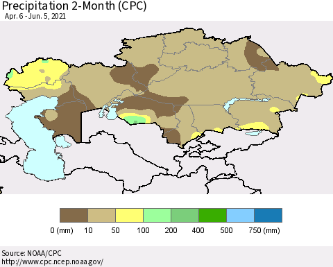 Kazakhstan Precipitation 2-Month (CPC) Thematic Map For 4/6/2021 - 6/5/2021
