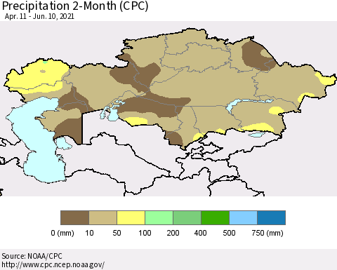 Kazakhstan Precipitation 2-Month (CPC) Thematic Map For 4/11/2021 - 6/10/2021
