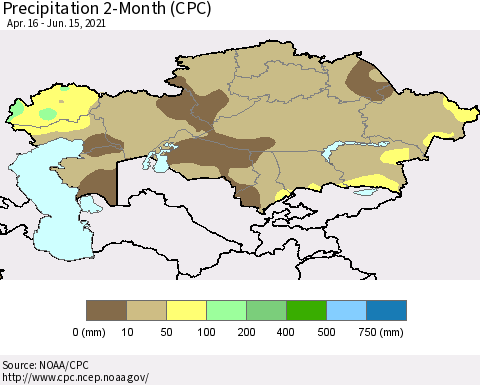 Kazakhstan Precipitation 2-Month (CPC) Thematic Map For 4/16/2021 - 6/15/2021