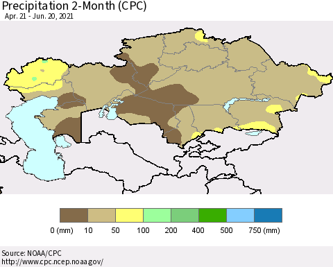 Kazakhstan Precipitation 2-Month (CPC) Thematic Map For 4/21/2021 - 6/20/2021