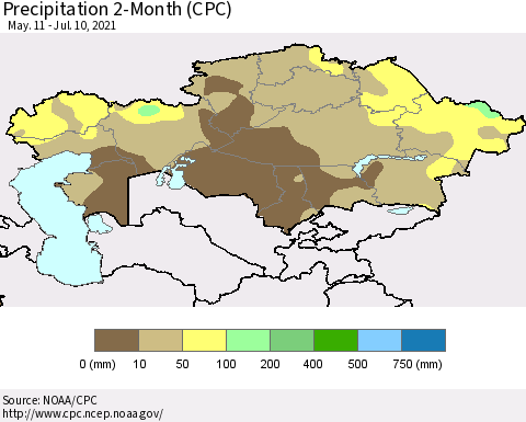 Kazakhstan Precipitation 2-Month (CPC) Thematic Map For 5/11/2021 - 7/10/2021
