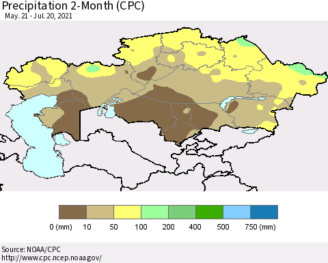 Kazakhstan Precipitation 2-Month (CPC) Thematic Map For 5/21/2021 - 7/20/2021