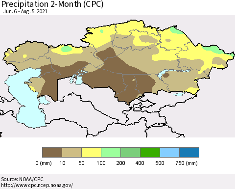 Kazakhstan Precipitation 2-Month (CPC) Thematic Map For 6/6/2021 - 8/5/2021