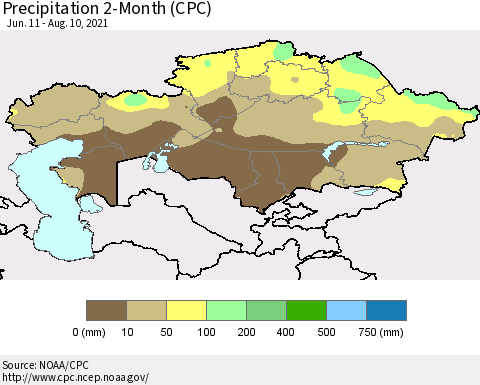 Kazakhstan Precipitation 2-Month (CPC) Thematic Map For 6/11/2021 - 8/10/2021