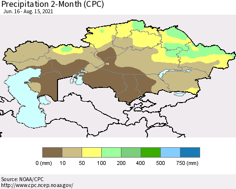 Kazakhstan Precipitation 2-Month (CPC) Thematic Map For 6/16/2021 - 8/15/2021