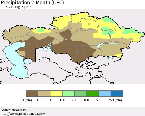 Kazakhstan Precipitation 2-Month (CPC) Thematic Map For 6/21/2021 - 8/20/2021