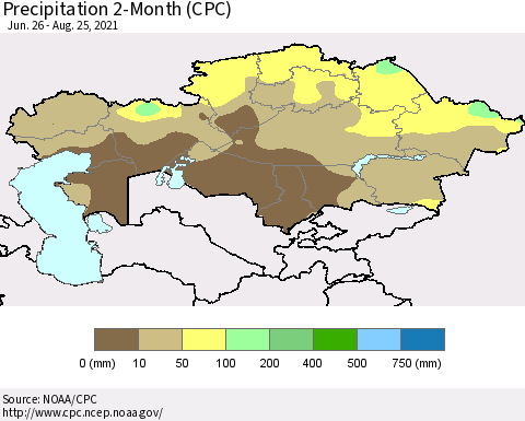 Kazakhstan Precipitation 2-Month (CPC) Thematic Map For 6/26/2021 - 8/25/2021