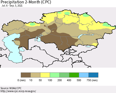Kazakhstan Precipitation 2-Month (CPC) Thematic Map For 7/6/2021 - 9/5/2021